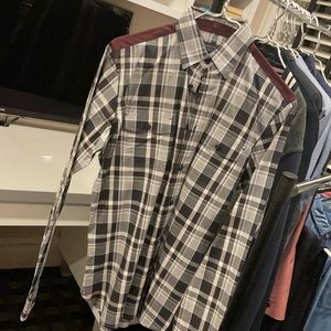 Plaid Button  Down with burgundy shoulders .